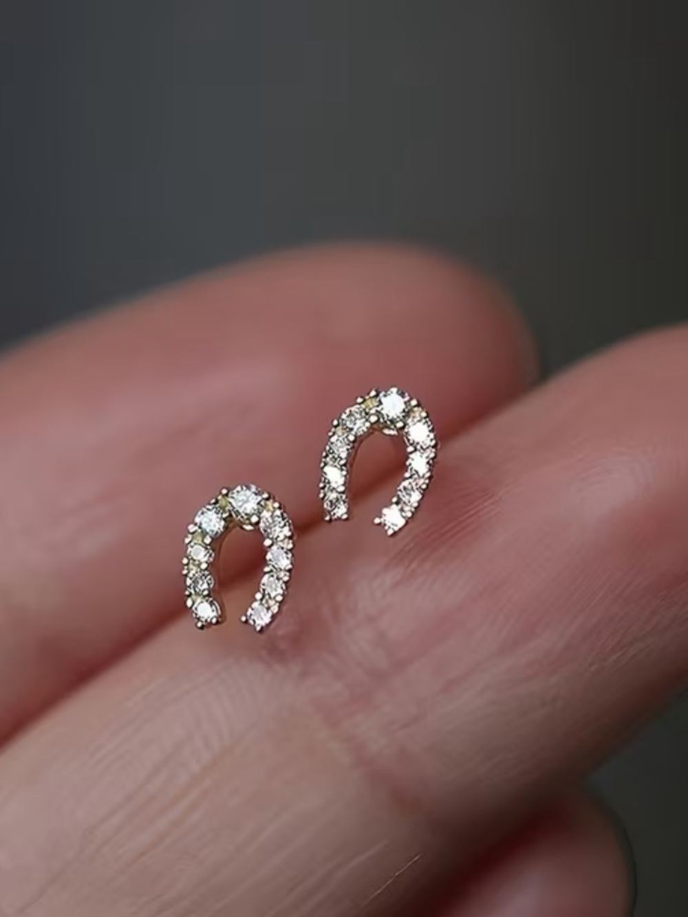 Delicate Crystal Horseshoe Stud Earrings - White Gold Tone